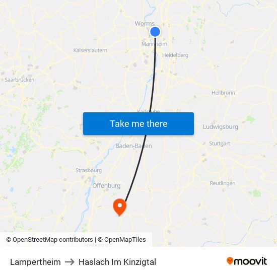 Lampertheim to Haslach Im Kinzigtal map