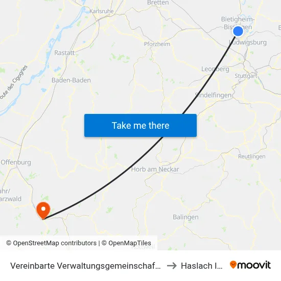Vereinbarte Verwaltungsgemeinschaft Der Stadt Bietigheim-Bissingen to Haslach Im Kinzigtal map