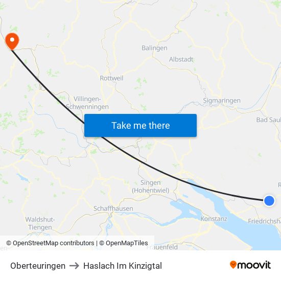 Oberteuringen to Haslach Im Kinzigtal map