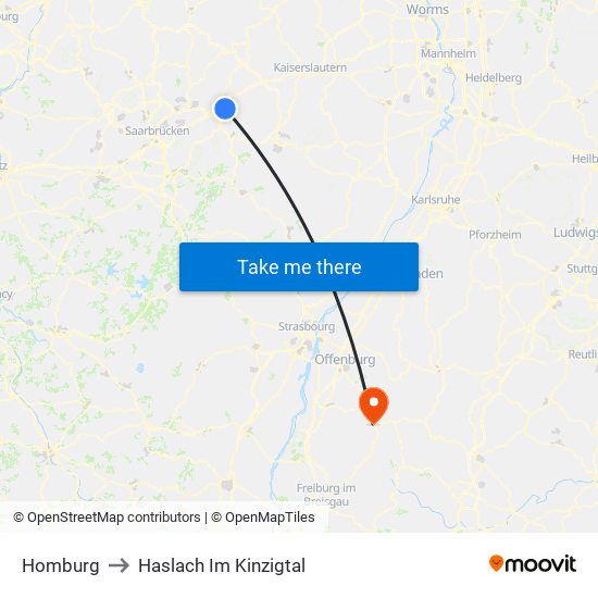 Homburg to Haslach Im Kinzigtal map