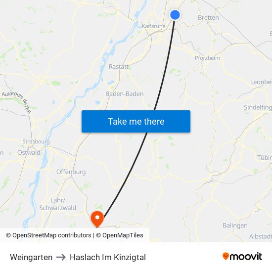 Weingarten to Haslach Im Kinzigtal map