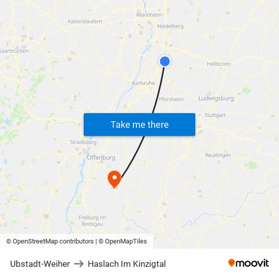 Ubstadt-Weiher to Haslach Im Kinzigtal map