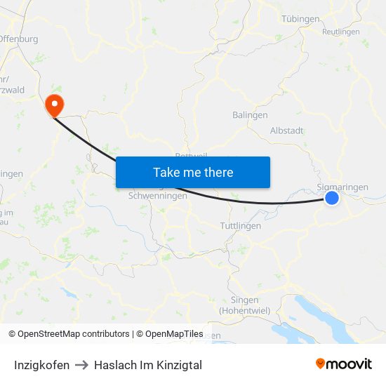 Inzigkofen to Haslach Im Kinzigtal map