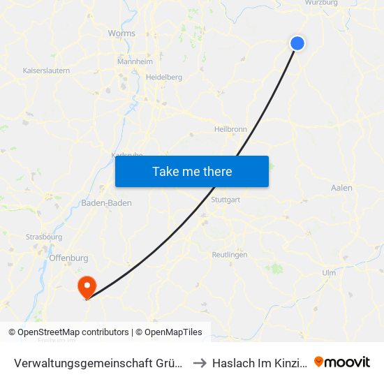 Verwaltungsgemeinschaft Grünsfeld to Haslach Im Kinzigtal map