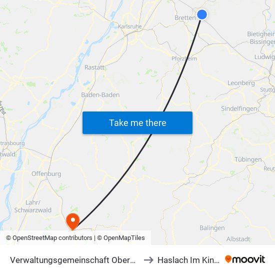 Verwaltungsgemeinschaft Oberderdingen to Haslach Im Kinzigtal map