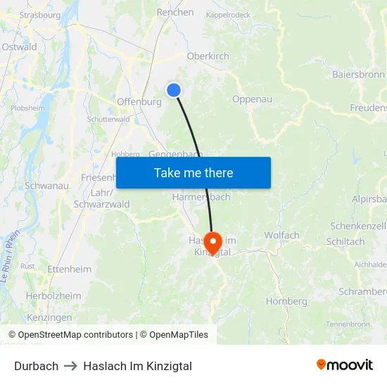 Durbach to Haslach Im Kinzigtal map