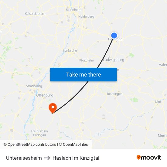 Untereisesheim to Haslach Im Kinzigtal map