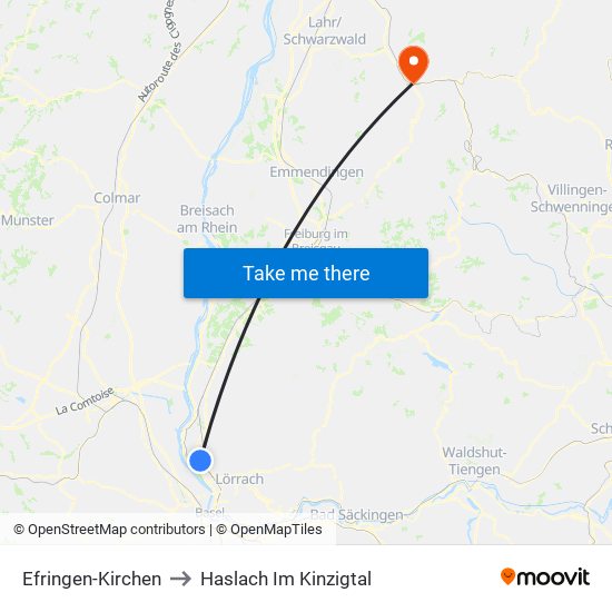 Efringen-Kirchen to Haslach Im Kinzigtal map