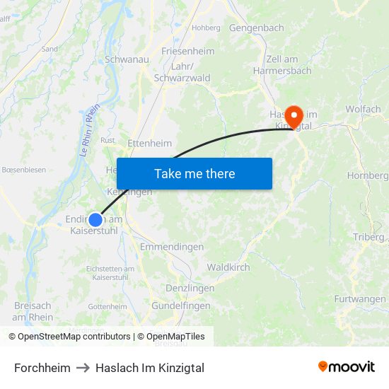 Forchheim to Haslach Im Kinzigtal map