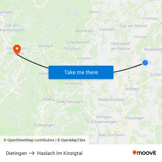 Dietingen to Haslach Im Kinzigtal map