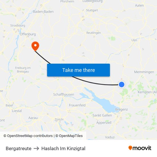 Bergatreute to Haslach Im Kinzigtal map