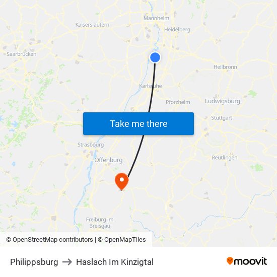 Philippsburg to Haslach Im Kinzigtal map