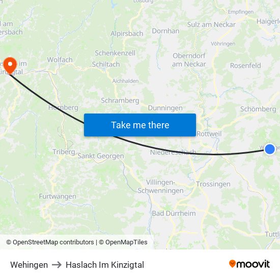 Wehingen to Haslach Im Kinzigtal map