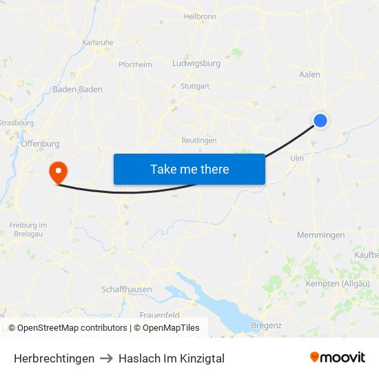 Herbrechtingen to Haslach Im Kinzigtal map
