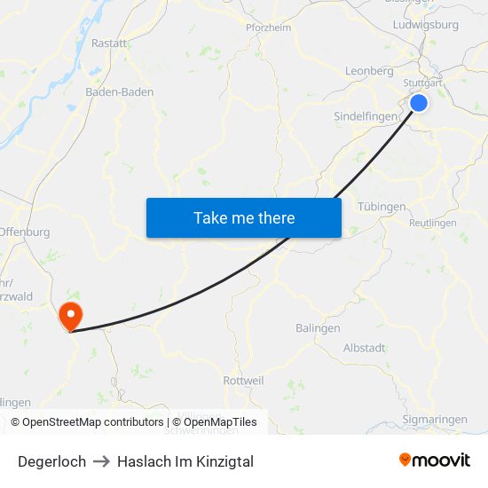 Degerloch to Haslach Im Kinzigtal map