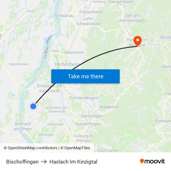 Bischoffingen to Haslach Im Kinzigtal map