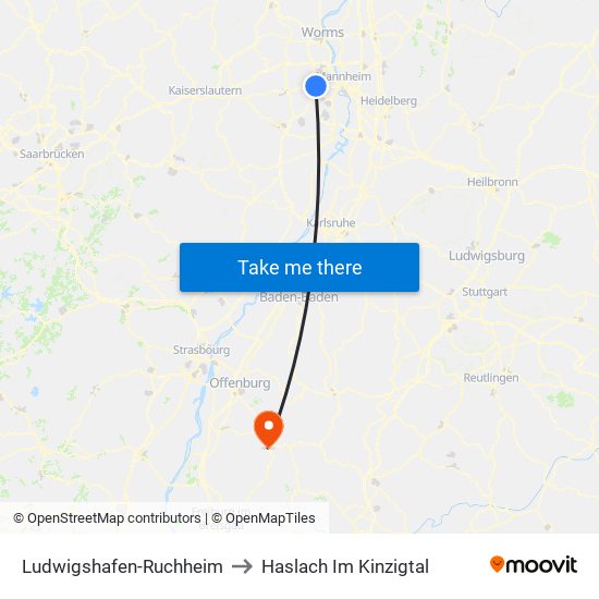 Ludwigshafen-Ruchheim to Haslach Im Kinzigtal map