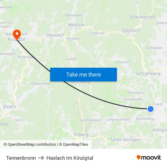 Tennenbronn to Haslach Im Kinzigtal map