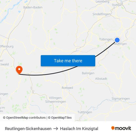 Reutlingen-Sickenhausen to Haslach Im Kinzigtal map