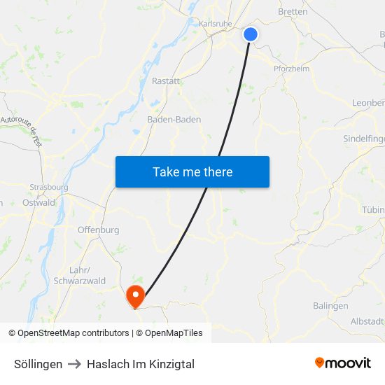 Söllingen to Haslach Im Kinzigtal map