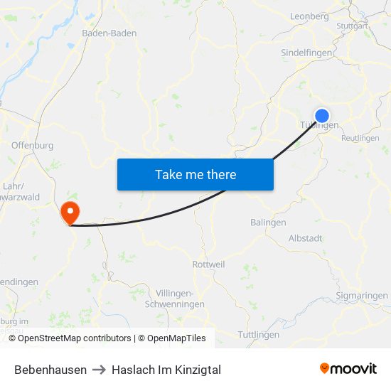 Bebenhausen to Haslach Im Kinzigtal map