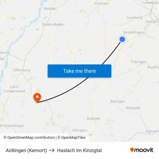 Aidlingen (Kernort) to Haslach Im Kinzigtal map