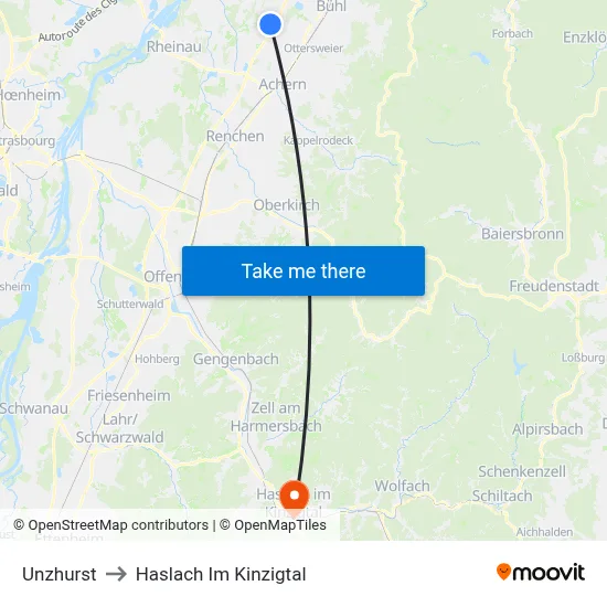 Unzhurst to Haslach Im Kinzigtal map