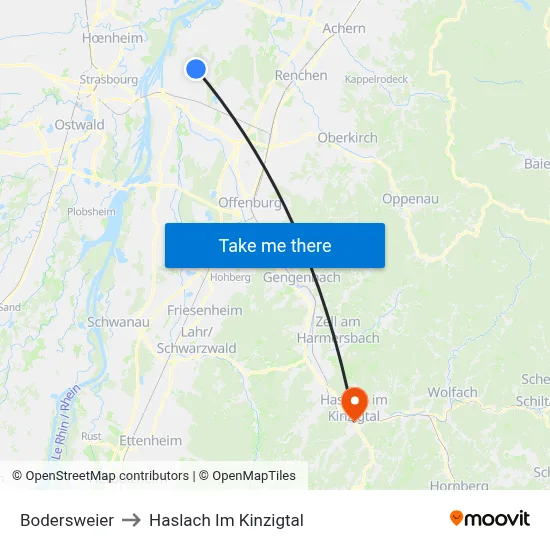 Bodersweier to Haslach Im Kinzigtal map
