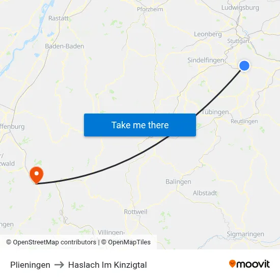 Plieningen to Haslach Im Kinzigtal map