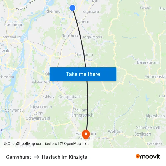 Gamshurst to Haslach Im Kinzigtal map