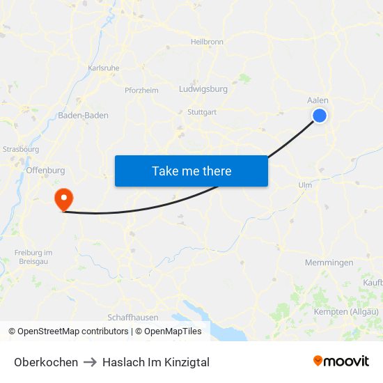 Oberkochen to Haslach Im Kinzigtal map