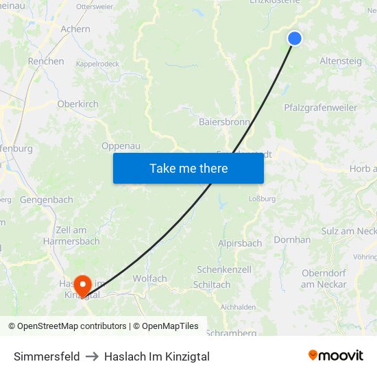 Simmersfeld to Haslach Im Kinzigtal map