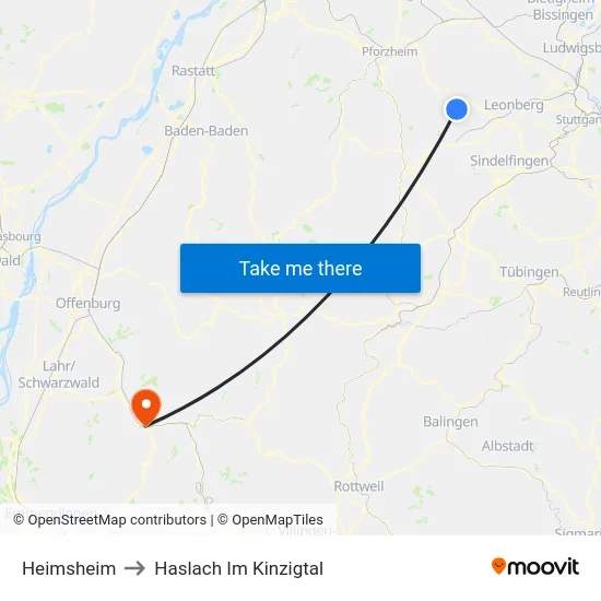 Heimsheim to Haslach Im Kinzigtal map