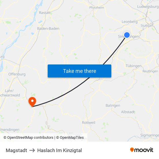 Magstadt to Haslach Im Kinzigtal map