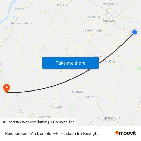 Reichenbach An Der Fils to Haslach Im Kinzigtal map