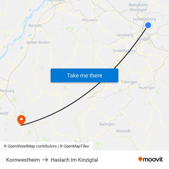 Kornwestheim to Haslach Im Kinzigtal map