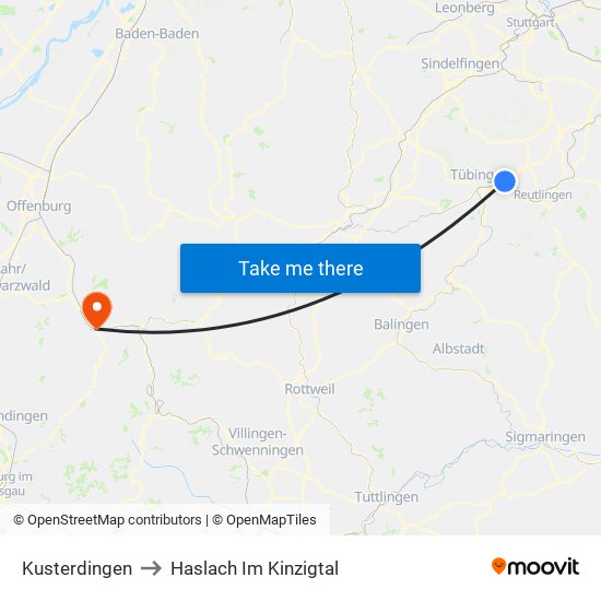 Kusterdingen to Haslach Im Kinzigtal map