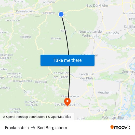 Frankenstein to Bad Bergzabern map