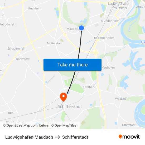 Ludwigshafen-Maudach to Schifferstadt map