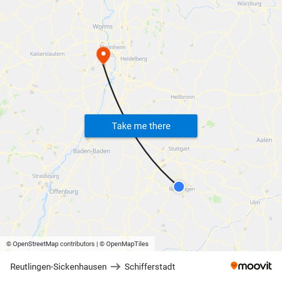 Reutlingen-Sickenhausen to Schifferstadt map