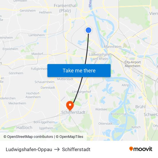 Ludwigshafen-Oppau to Schifferstadt map