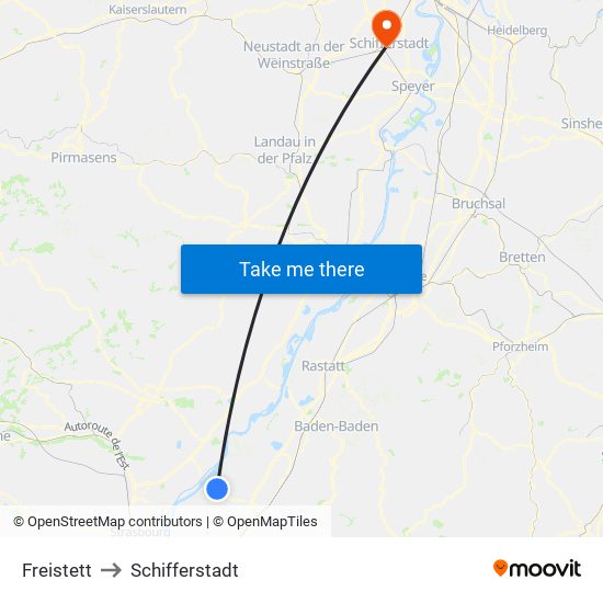 Freistett to Schifferstadt map