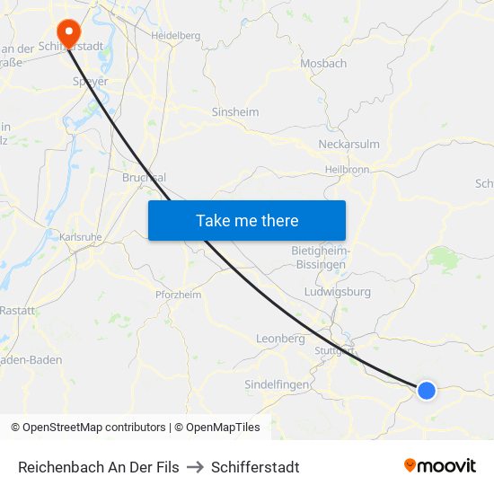 Reichenbach An Der Fils to Schifferstadt map