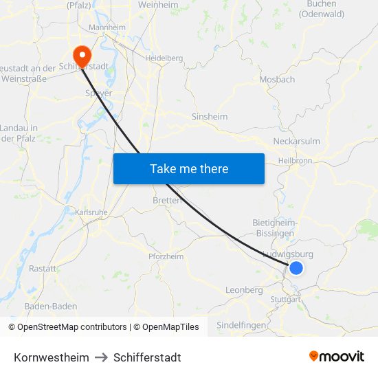 Kornwestheim to Schifferstadt map
