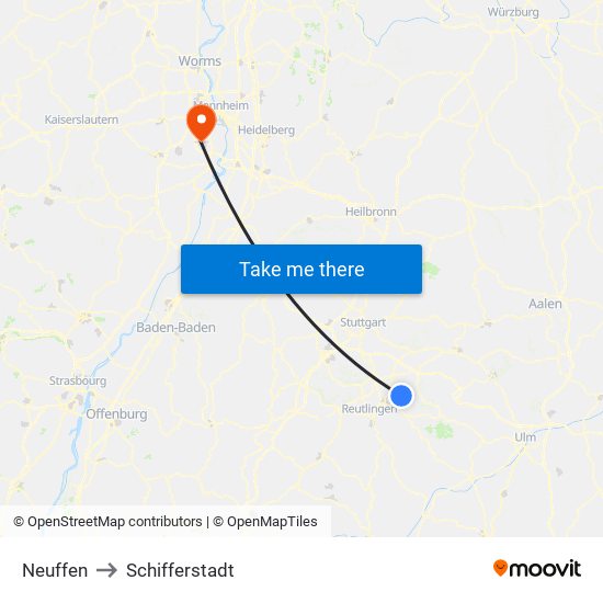 Neuffen to Schifferstadt map