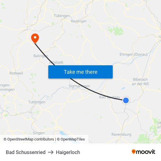 Bad Schussenried to Haigerloch map