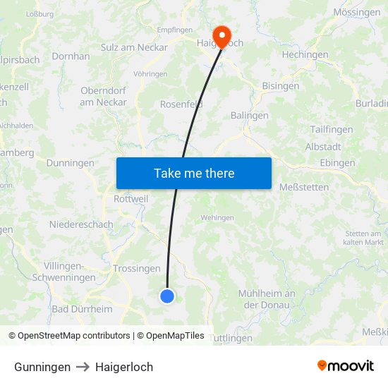 Gunningen to Haigerloch map