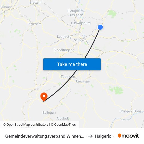 Gemeindeverwaltungsverband Winnenden to Haigerloch map