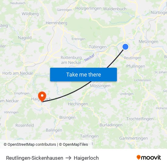 Reutlingen-Sickenhausen to Haigerloch map