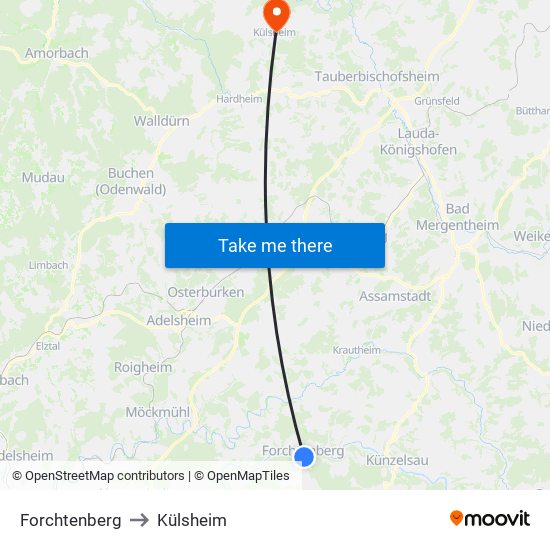 Forchtenberg to Külsheim map